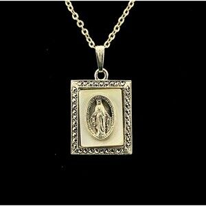 Vintage Sterling Silver Mother of Pearl Marcasite Our Lady Pendant Necklace 18"